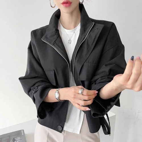 2024 Autumn Clothes Korean Chi Stand Collar Zipper Loose Big Pocket Design Long Sleeve Work Jacket Short Jacket