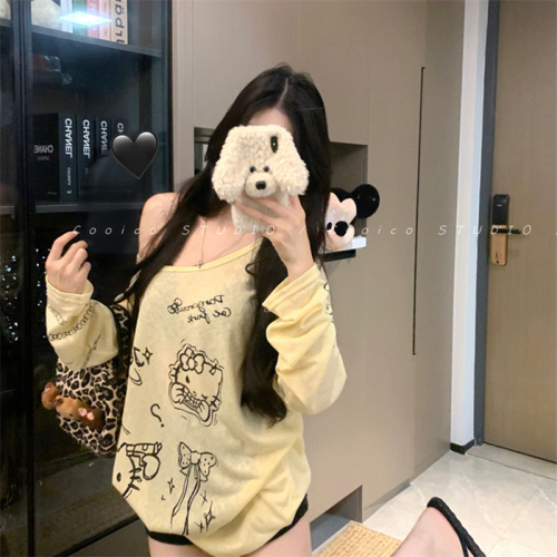 Original Tencel linen lazy cartoon print thin long-sleeved T-shirt design loose sun protection blouse top