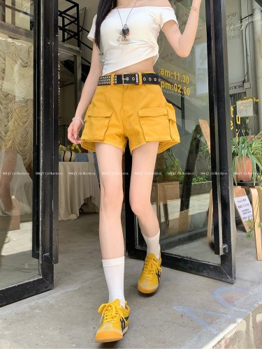 Actual shot ~ American retro niche design multi-pocket hip overalls for women, casual mid-waist shorts