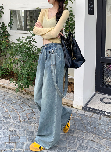 Real shot of suspender two-wear jeans 2024 autumn new high-waisted loose straight design trousers