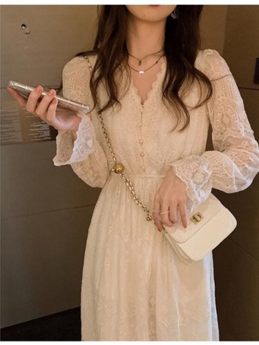 White lace dress for women in spring and autumn, high-end inner layer, platycodon, French style, small fragrant skirt