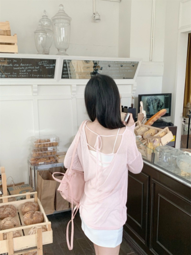 Pink sweet and spicy style back hollow lace-up T-shirt long-sleeved slightly see-through sun protection blouse for women summer slim outer top