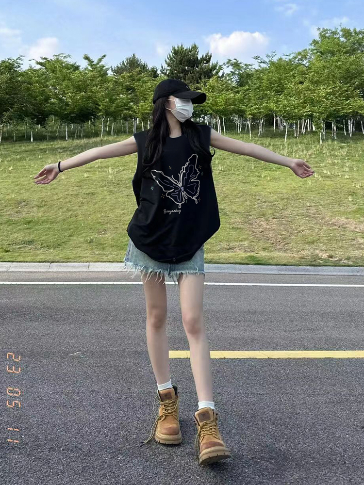 Pure cotton high street butterfly print black vest women's summer outer wear basketball sports casual sleeveless T-shirt top trend