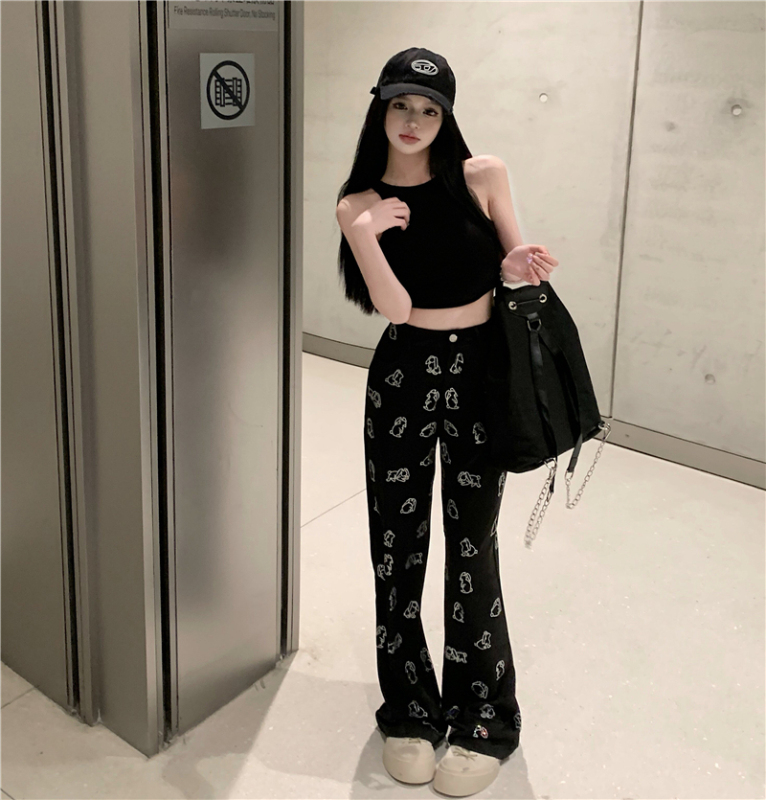 Actual shot and real price AW Peter Rabbit's summer black hot diamond loose casual casual trousers straight leg pants for women
