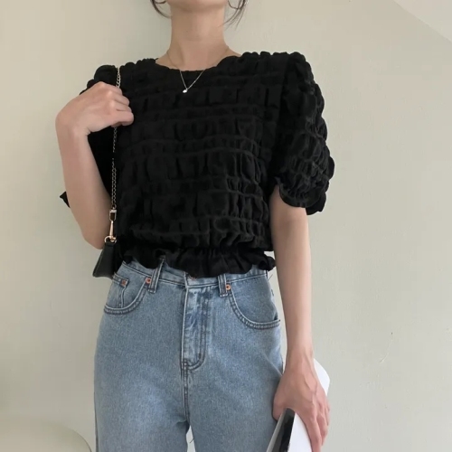 Size update Summer fashion niche design textured wrinkled high-waist puff sleeve round neck crop top