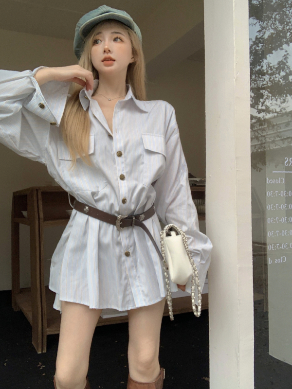 Long-sleeved boyfriend style loose two-wear fall new style shirt dress