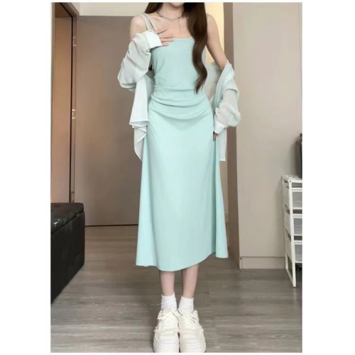 Summer new Korean sweet and spicy style suspender dress, waist slimming skirt, dopamine shirt two-piece set