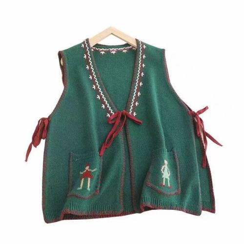 New handmade embroidery V-neck lace-up vest for women, age-reducing loose and versatile contrasting color sweater vest