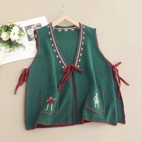 New handmade embroidery V-neck lace-up vest for women, age-reducing loose and versatile contrasting color sweater vest