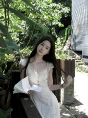 Real shot French short-sleeved simple lace splicing dress waist slimming elegant long skirt