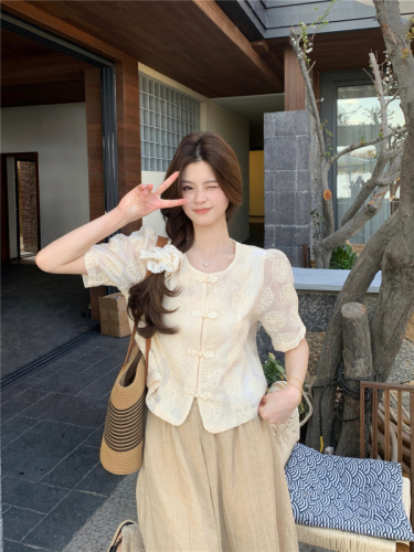 Actual shot of new Chinese style suit for women, national style embroidered button-down shirt, summer loose wide-leg casual pants two-piece set