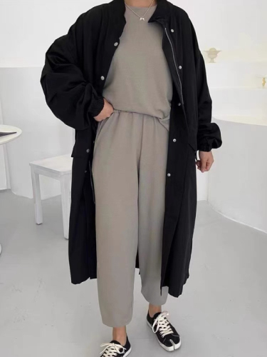 Autumn Korean chic lazy style stand-up collar single-breasted loose casual long-sleeved mid-length windbreaker jacket for women