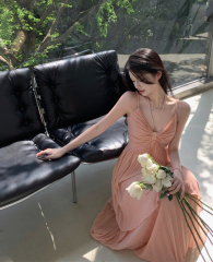 Real shot of summer sexy pure desire V-neck suspender halter neck high waist slimming seaside vacation two-piece dress for women