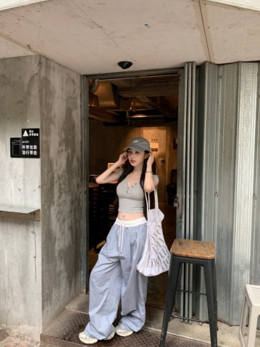 Actual shot of buttoned slim fit top + contrasting color elastic waist, versatile slimming quick-drying straight overalls