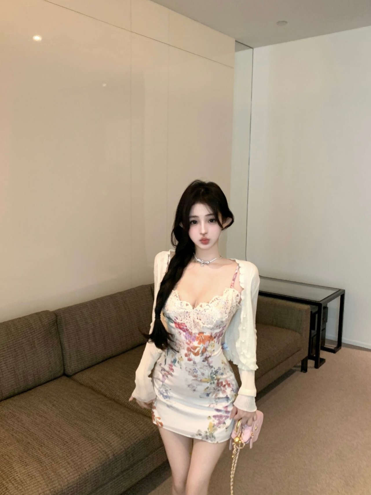 Real shot of sexy floral dress with colorful flowers and versatile cardigan suit for women with fungus
