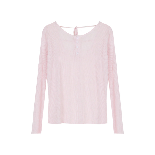 Pink sweet and spicy style back hollow lace-up T-shirt long-sleeved slightly see-through sun protection blouse for women summer slim outer top