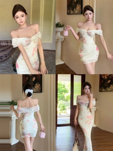 Actual shot and real price~Spring Dreamland Pure Desire Floral Splicing Mesh One-shoulder Slimming Hip-covering Long/Short Dress