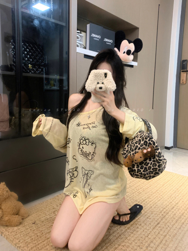 Original Tencel linen lazy cartoon print thin long-sleeved T-shirt design loose sun protection blouse top