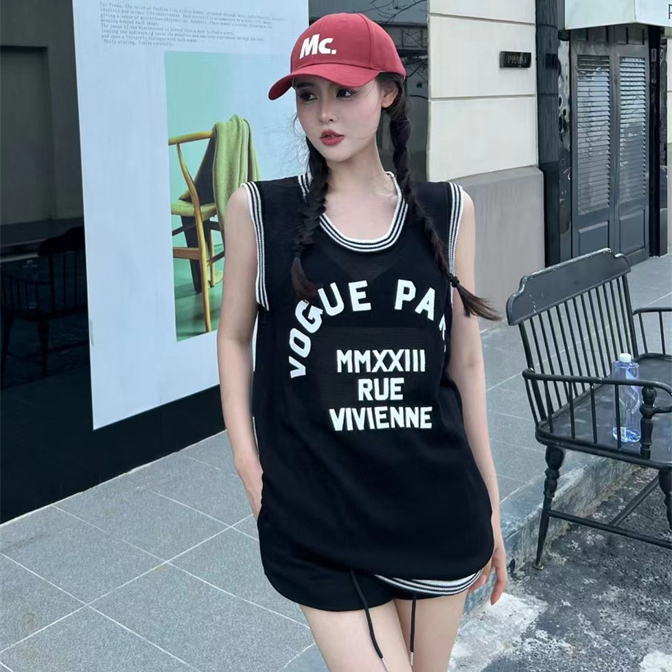 Korean T-shirt for women 2024 summer sports sleeveless outer wear letter vest loose American casual hot girl top