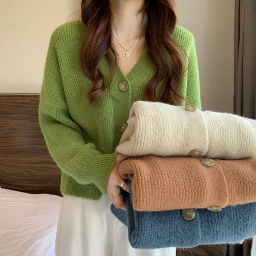 Korean style autumn and winter gentle style V-neck sweater versatile warm loose knitted long-sleeved cardigan jacket for women