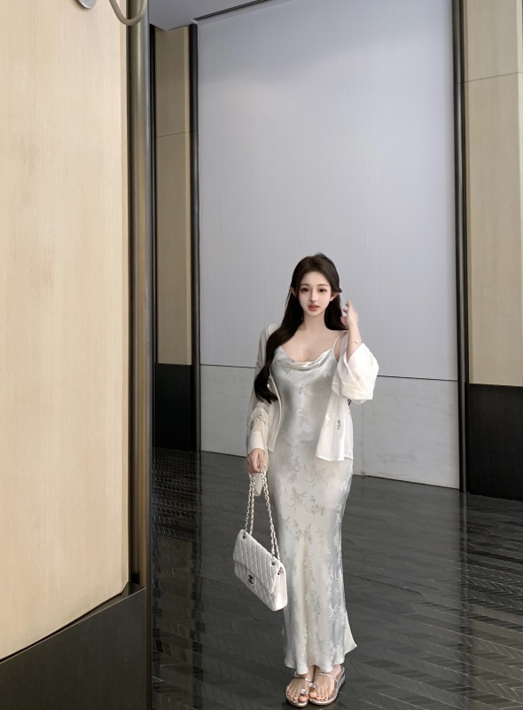 Actual shot of new Chinese-style national style suit, thin cardigan, high-end jacquard swing collar dress, women's summer tea style outfit