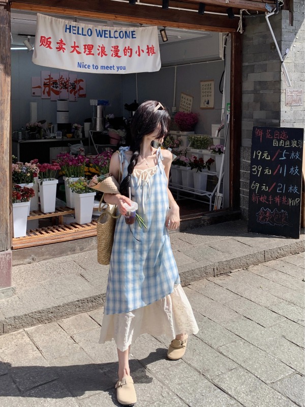 Korean style small fresh fake two piece patchwork plaid suspender skirt for women