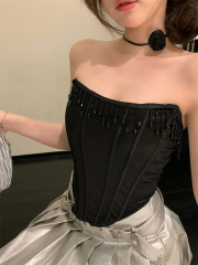 Actual shot of new sexy backless solid color satin splicing tassel decorated rhombus fishbone hot girl top