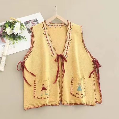 New handmade embroidery V-neck lace-up vest for women, age-reducing loose and versatile contrasting color sweater vest