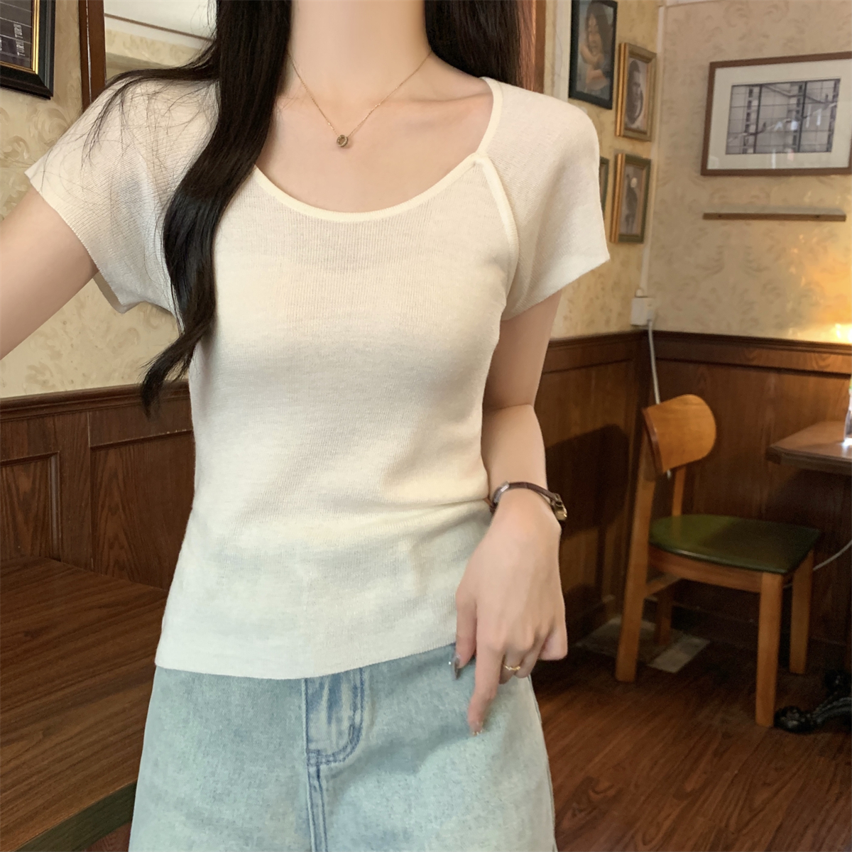 Actual shot of summer Korean-style temperament raglan slimming solid color 6 wool versatile sweater short-sleeved top