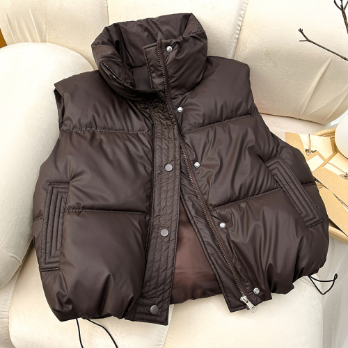 Protein PU leather simple down cotton vest 2024 winter new fashion student small stand-up collar solid color jacket