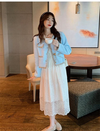 White lace dress for women in spring and autumn, high-end inner layer, platycodon, French style, small fragrant skirt