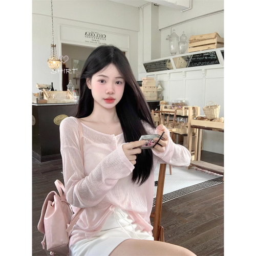 Pink sweet and spicy style back hollow lace-up T-shirt long-sleeved slightly see-through sun protection blouse for women summer slim outer top