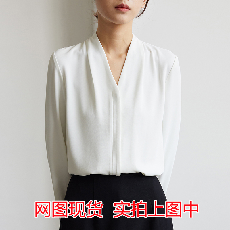 Women's Long-Sleeve Shirt 2024 Spring New Cream White Chic V-Neck Stylish Top for OL