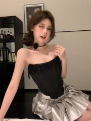 Actual shot of new sexy backless solid color satin splicing tassel decorated rhombus fishbone hot girl top