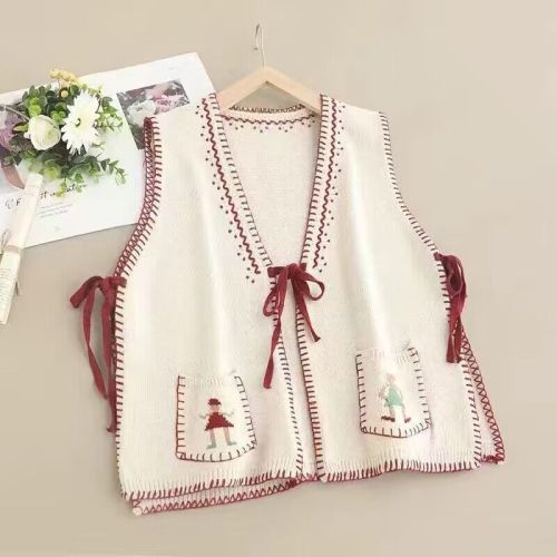 New handmade embroidery V-neck lace-up vest for women, age-reducing loose and versatile contrasting color sweater vest