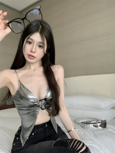 Real shot of sweet hot girl with real price, slim fit and midriff-baring top with design, worn outside and with suspenders inside