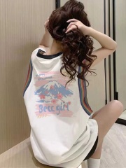 Summer French sweet and spicy back printed vest vest sleeveless T-shirt women's design niche ribbon splicing top