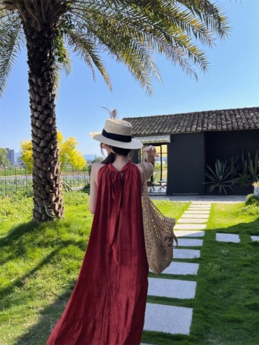 Actual shot and real price New Chinese style retro red halterneck dress women's summer temperament simple long dress