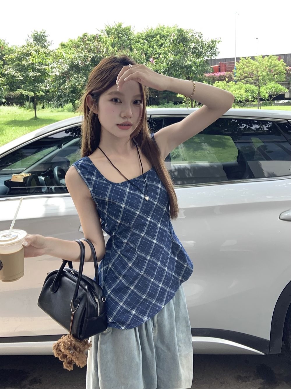 Real shot French niche blue plaid sleeveless waist pleated waist-exposed vest for women