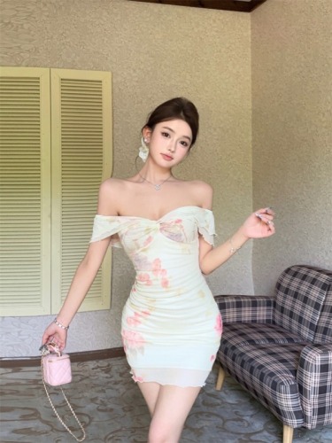 Actual shot and real price~Spring Dreamland Pure Desire Floral Splicing Mesh One-shoulder Slimming Hip-covering Long/Short Dress