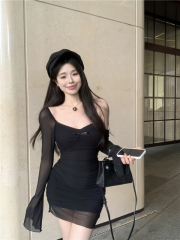 Pure Desire Sexy Mesh Dress Women's Autumn Waist Slimming Tight Long Sleeve Hip Cover Skirt