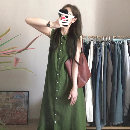 Original method French green lapel sleeveless dress for women summer retro temperament single-breasted long dress