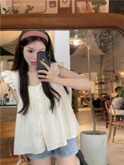 Cream soft girl small flying sleeves square neck chiffon shirt for women sweet loose cover belly slimming unique top