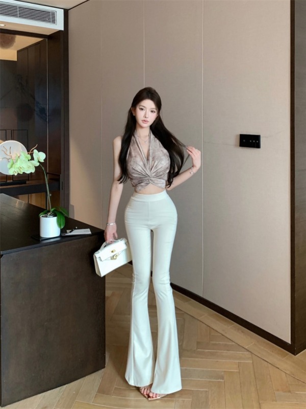 Actual shot and real price ~ hot girl’s smudged sleeveless halter neck strap top + high waist, high elasticity, versatile micro-flared trousers