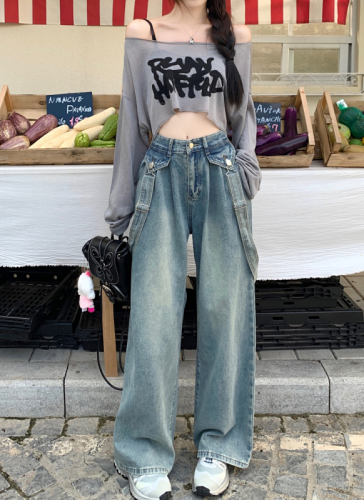 Real shot of suspender two-wear jeans 2024 autumn new high-waisted loose straight design trousers