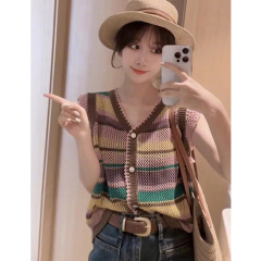 2024 new summer fashion striped shirt hollow slimming sleeveless contrasting color cardigan vest top for women