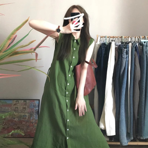 Original method French green lapel sleeveless dress for women summer retro temperament single-breasted long dress