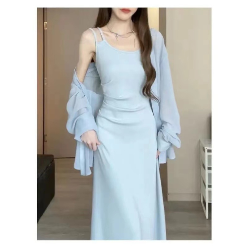 Summer new Korean sweet and spicy style suspender dress, waist slimming skirt, dopamine shirt two-piece set