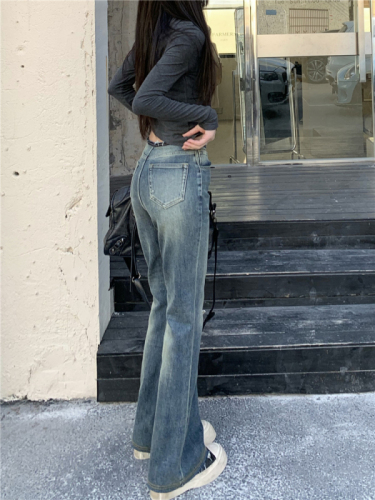 Real shot!  Retro Raw Edge High Waist Jeans Women's Elastic Slim Loose Slightly Spicy Trousers Trendy