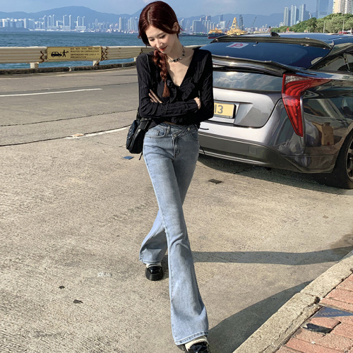 实拍24th ootd!美式辣妹小众设计不规则斜腰带显瘦微喇弹力牛仔裤